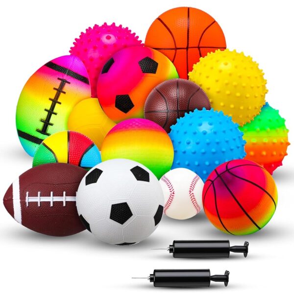 15 Pcs Sports Balls Set for Toddlers Assorted Balls Rubber Sports Toy Balls Kids Playground Balls Inflatable with Pump for Boys Girls Indoor Outdoor Balls Game Gifts