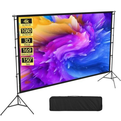 150 Inch Projector Screen and Stand, 16:9 4K HD Rear Front Projector Screen with Wrinkle-Free Portable Design,Indoor Outdoor Projection Screen with Heavy Water Bag & Carry Bag…