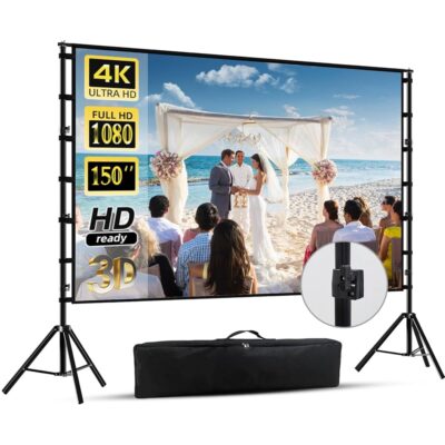 150 inch Projector Screen With Stand,HUANYINGBJB Outside Projection Screen, Portable 16:9 4K HD Rear Front Movie Screen with Carry Bag for Theater Backyard Movie night,Cinema…