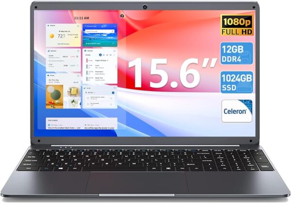 15.6 Inch Laptops, 12GB DDR4 1024GB SSD Laptop Computers, Celeron N5095 Quad-Core Processors (Up to 2.9GHz), FHD 1920X1080 Screen, Type-C, BT4.2, Webcam, 2.4G/5G WiFi(Gray)