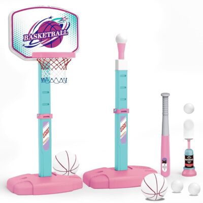 2 in 1 Basketball Hoop and Tee Ball Set for Girls: Baseball Tee with Automatic Pitching Machine Adjustable Height Outdoor and Indoor Sports Toys Christmas Birthday Gift for Kids…