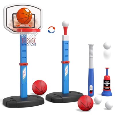 2 in 1 Kids Basketball Hoop and T Ball Set – Adjustable Height, Kids Baseball Tee with Automatic Pitching Machine, Indoor Outdoor Sport Toys Gifts for Toddler Boys Girls Age…