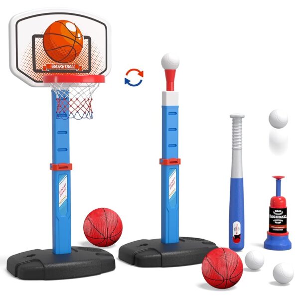 2 in 1 Kids Basketball Hoop and T Ball Set - Adjustable Height, Kids Baseball Tee with Automatic Pitching Machine, Indoor Outdoor Sport Toys Gifts for Toddler Boys Girls Age...