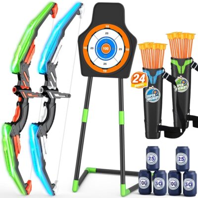 2 Pack Bow and Arrow for Kids, LED Light Up Archery Set with 24 Suction Cup Arrows, 1 Standing Target, 6 Score Targets & 2 Quiver, Indoor Outdoor Sport Gifts for Boys Girls Ages…