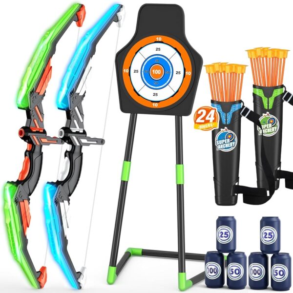 2 Pack Bow and Arrow for Kids, LED Light Up Archery Set with 24 Suction Cup Arrows, 1 Standing Target, 6 Score Targets & 2 Quiver, Indoor Outdoor Sport Gifts for Boys Girls Ages...