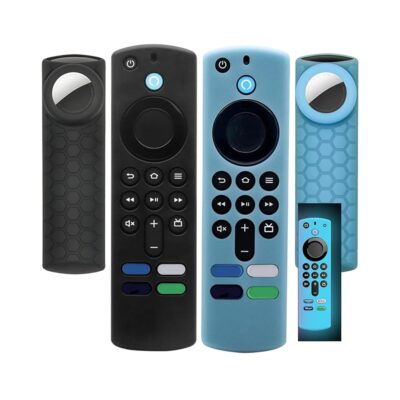 [2 Pack] Compatible for TV Stick 4k Max Remote Cover with Holder for Airtag,for Tile Sticker,Glow in Dark,TV Stick 3rd Gen Remote Case Compatible for Key Finder,Black and Glow Blue