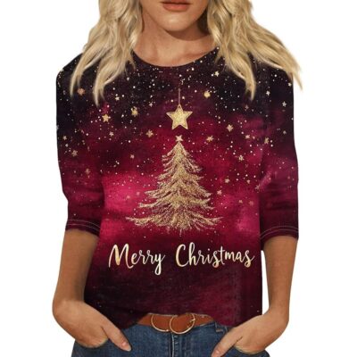 2024 Christmas Shirts for Women Casual Pumpkin Graphic Tees Trendy 3/4 Sleeve Tops Workout Fall Crewneck Tunic Blouse