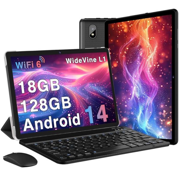 2024 Newest Tablet Android 14 Tablets with 128GB ROM+18GB RAM, 1TB Expand 2 in 1 10.1 Inch Tablet with Keyboard, Powerful Octa-Core, WiFi 6, BT5.0, 6000mAh, Widevine L1, Black