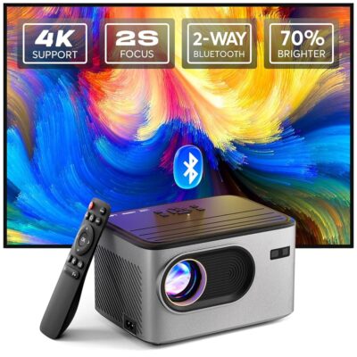 [2s Focus with Remote] PANSEBA 4K Projector, Native 1080P Bluetooth Projector, Portable Outdoor Movie Projector, Mini Projector for Home Theater, Compatible with…