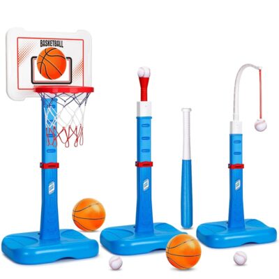 3 in 1 Kids Basketball Hoop and T Ball Set, Adjustable Height Toddler Basketball Hoop, Hanging Tee Baseball, Indoor Outdoor Sports Toys Gifts for Toddlers Boys Girls Ages 3 4 5…