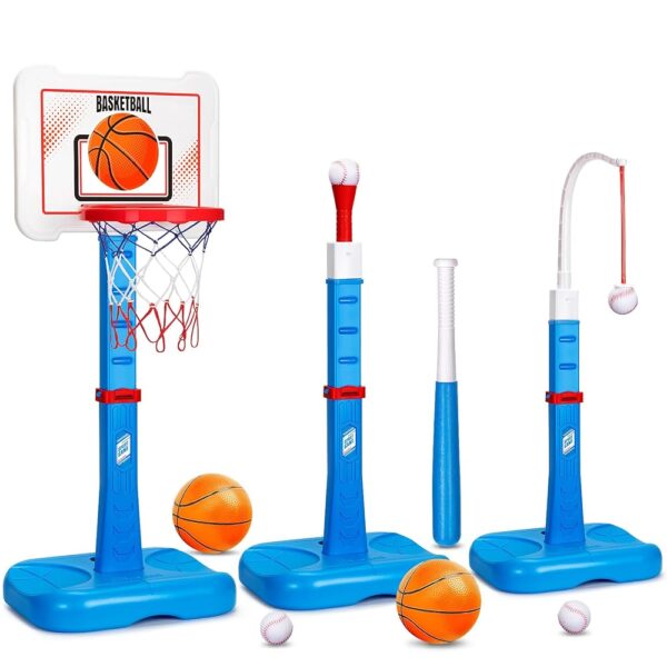 3 in 1 Kids Basketball Hoop and T Ball Set, Adjustable Height Toddler Basketball Hoop, Hanging Tee Baseball, Indoor Outdoor Sports Toys Gifts for Toddlers Boys Girls Ages 3 4 5...