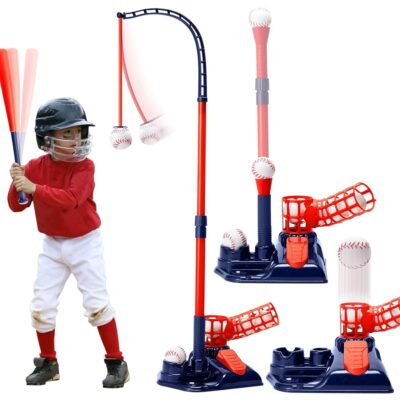 3-in-1 Tee Ball Set for Kids, Height Adjustable Baseball Set with Auto Pitching Machine/T Ball Stand/Hanging Tee/Retractable Bat/6 Softballs, Indoor Outdoor Sports Toys for Boys…