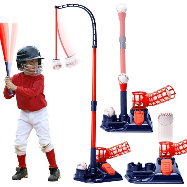 3-in-1 Tee Ball Set for Kids, Height Adjustable Baseball Set with Auto Pitching Machine/T Ball Stand/Hanging Tee/Retractable Bat/6 Softballs, Indoor Outdoor Sports Toys for Boys...