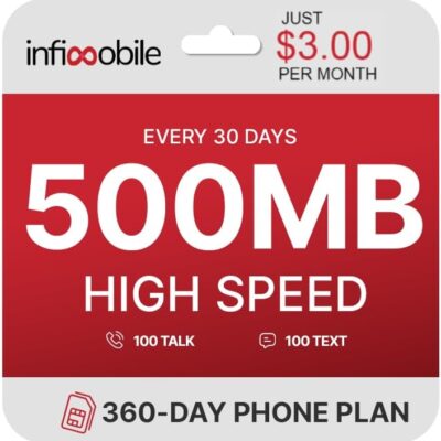 $3/Month | Infimobile Prepaid Plan: 12 Months | 500MB High-Speed Data Per Month | 100 Min Talk + 100 Text | Prepaid Plan Service SIM Card | Nationwide Coverage | 4G, 5G Network