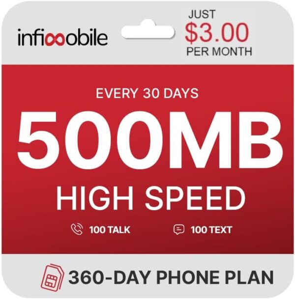 $3/Month | Infimobile Prepaid Plan: 12 Months | 500MB High-Speed Data Per Month | 100 Min Talk + 100 Text | Prepaid Plan Service SIM Card | Nationwide Coverage | 4G, 5G Network