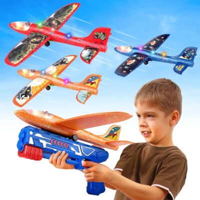 3 Pack Foam Airplane Launcher Toy with 3 DIY Stickers, 12.6″ Glider Led Plane, Catapult Plane Boy Toys, Outdoor Sport Flying Toys for Kids Birthday Gifts for 4 5 6 7 8 9 10 11…