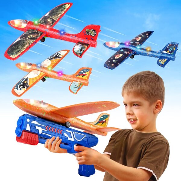 3 Pack Foam Airplane Launcher Toy with 3 DIY Stickers, 12.6" Glider Led Plane, Catapult Plane Boy Toys, Outdoor Sport Flying Toys for Kids Birthday Gifts for 4 5 6 7 8 9 10 11...