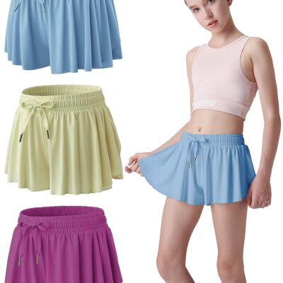 3 Pack Girls Flowy Shorts with Spandex Liner 2-in-1 Youth Butterfly Skirts for Fitness, Running, Sports