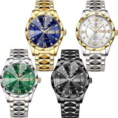 4 Pack Men Watches Diamond Business Dress Analog Quartz Stainless Steel Waterproof Luminous Date Silver Blue Black Gold Luxury Casual Watch for Men