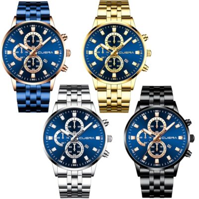 4 Pack Men’s Watches Luxury Casual Dress Business Waterproof Military Quartz Wristwatches for Men Stainless Steel Band Gold Black Blue Silver Wholesales Set Assorted