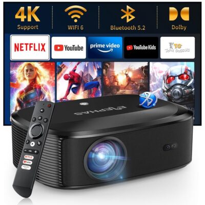 4K Projector with Wifi and Bluetooth, ELEPHAS Outdoor Movie Projector with NETFLIX/Prime Video/YouTube Built-in, 100,000+ Apps Supported, Video Projector Compatible with…