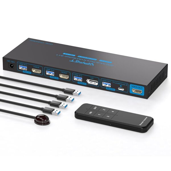 4K144Hz KVM Switch 4 Computers 1 Monitor USB3.0 DisplayPort+2HDMI+USB C KVM Switches 4 Ports for 4 Computers Share 1 Monitor and Keyboard Mouse etc. with Wireless Controller