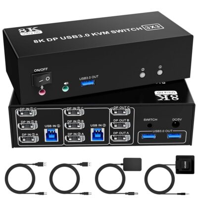 8K@60Hz Displayport KVM Switch 3 Monitors 2 Computers, 4K@144Hz KVM Switch DP 1.4 with 3 USB 3.0 Ports Sharing Keyboard and Mouse, Printer/Hard Drives, Desktop Controller