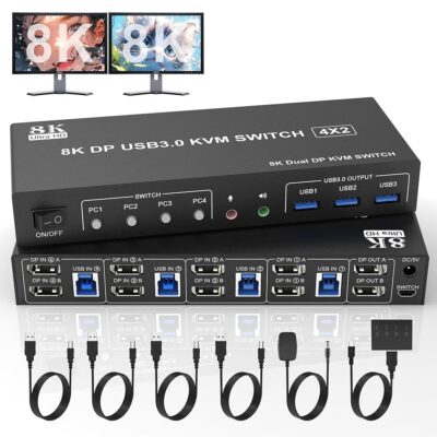 8K@60Hz Displayport USB 3.0 KVM Switch 2 Monitors 4 Computers, DP1.4 KVM Switch Dual Monitor with Audio Microphone Output and 3 USB 3.0 Ports, 4 Port KVM Switch Displayport for…