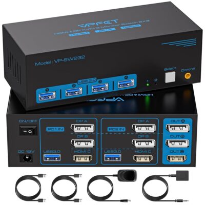 8K@60Hz HDMI Displayport KVM Switch 3 Monitors 2 Computers 4K@120Hz Triple Monitor KVM Switches for 2 PC Share 4 USB 3.0 Ports Support Extended & Copy Mode Desktop Controller…