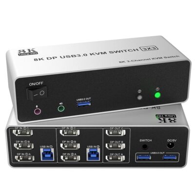 8K@60Hz KVM Switch 3 Monitors 2 Computers 4K@144Hz, Displayport KVM Switch Triple Monitor for 2 Computer Share 3 Monitor, Audio Mic Port and 3 USB3.0 Devices, Wired Remote and…