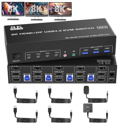 8K@60Hz KVM Switch 3 Monitors 4 Computers 4K@144Hz, 2 HDMI +1 DisplayPort KVM Switch Triple Monitor for 4 Computer with Audio and 3 USB 3.0 Ports, 3 Monitor KVM Switches…