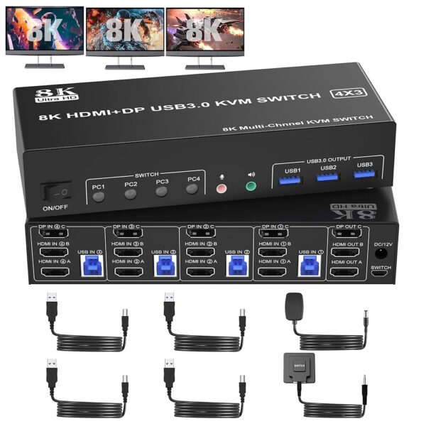 8K@60Hz KVM Switch 3 Monitors 4 Computers 4K@144Hz, 2 HDMI +1 DisplayPort KVM Switch Triple Monitor for 4 Computer with Audio and 3 USB 3.0 Ports, 3 Monitor KVM Switches...