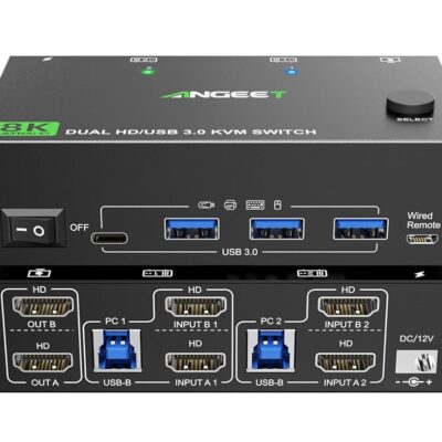 8K HDMI KVM Switch 2 Monitors 2 Computers 8K@60Hz 4K@144Hz, ANGEET Dual Monitor KVM Switch with 4 USB 3.0 Hub for Keyboard Mouse Printer,Wired Remote,12V Power Adapter and USB…