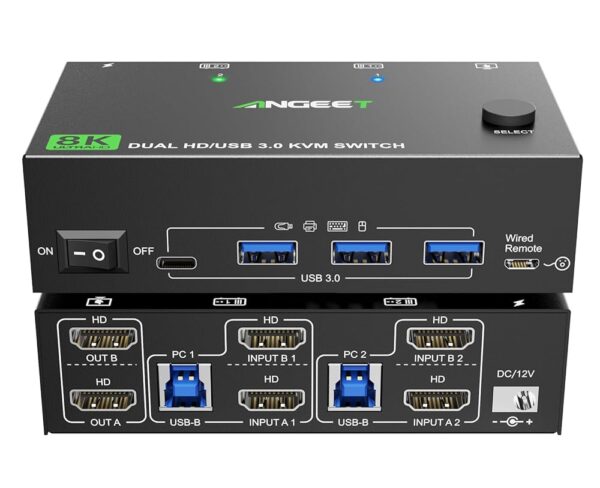 8K HDMI KVM Switch 2 Monitors 2 Computers 8K@60Hz 4K@144Hz, ANGEET Dual Monitor KVM Switch with 4 USB 3.0 Hub for Keyboard Mouse Printer,Wired Remote,12V Power Adapter and USB...