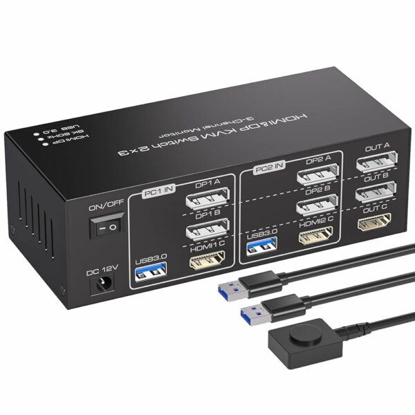 8K KVM Switch 3 Monitors 2 Computers HDMI+2Displayport 4K120Hz HDMI+2DP USB 3.0 KVM Swticher 2 PC Share Triple Monitor 4USB Output for Keyboard Mouse Printer Hard Disk