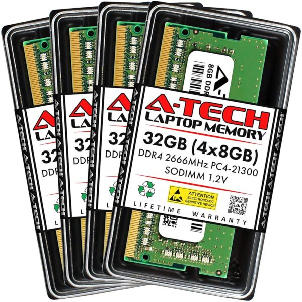 A-Tech 32GB (4x8GB) DDR4 2666MHz PC4-21300 (PC4-2666V) CL19 SODIMM 1.2V 260-Pin Non-ECC SO-DIMM Laptop Notebook RAM Memory Modules