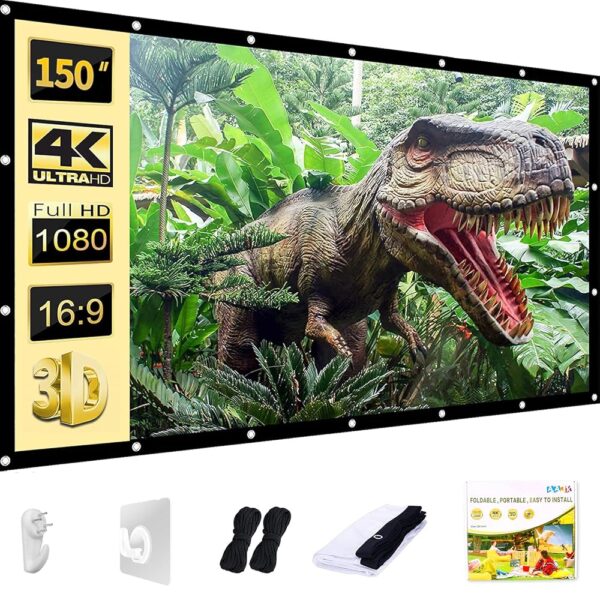 AAJK Outdoor Projection Screen 150 inch, Washable Projector Screen 16:9 Foldable Anti-Crease Portable Projector Movies Screen for Home Theater Outdoor Indoor Support Double...