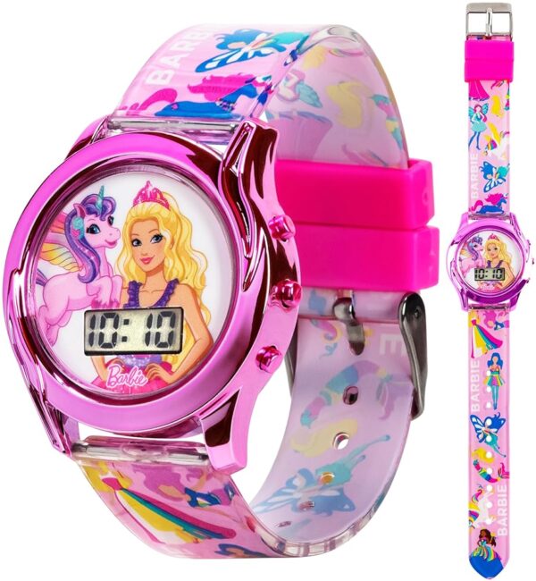 Accutime Barbie Dreamtopia Digital Watch for Kids – Colorful LCD Display, Multicolored Flashing Lights, Fun Dreamtopia Design, Durable and Comfortable Strap