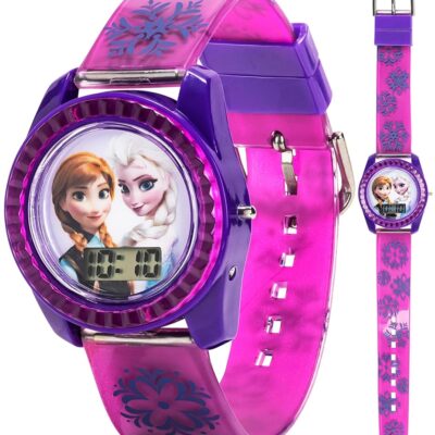 Accutime Disney’s Frozen Kids’ Digital Watch with Elsa and Anna on the Dial, Purple Casing, Comfortable Pink Strap, Easy to Buckle, Safe for Children – Model: FZN3598