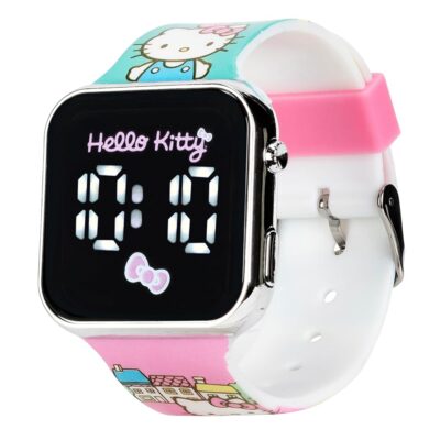 Accutime Hello Kitty LED Kids Watch – Silver Plastic Case, Colorful Printed Artwork, White LED Display, Soft Silicone Strap, Easy to Read, Ideal for Girls, Official Sanrio…