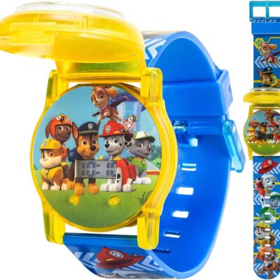 Accutime Kids Paw Patrol Digital LCD Quartz Chase Flip Open Wrist Watch with Yellow Bezel & Blue Strap, Cool Inexpensive Gift & Party Favor for Toddlers, Boys, Girls, Adults All…