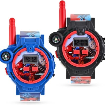 Accutime Spiderman Kids Rechargeable Walkie Talkie Watch Set – 2 Way Radio Watches, LED Flashlight, Compass, Toy Watches for Boys, Girls, Fans of Spiderman