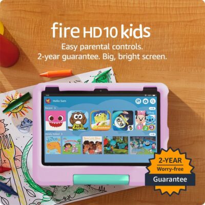 Amazon Fire 10 HD Kids tablet (newest model) ages 3-7 | Bright 10.1″ HD screen with ad-free content and parental controls included, 13-hr battery, 32 GB, Pink