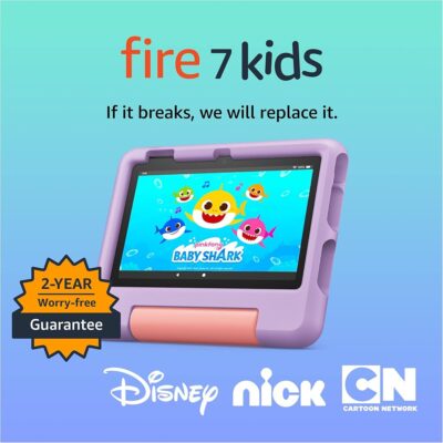 Amazon Fire 7 Kids tablet (newest model) ages 3-7. Top-selling 7″ kids tablet on Amazon | 6-months ad-free content with parental controls included, 10-hr battery, 16 GB, Purple