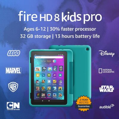 Amazon Fire HD 8 Kids Pro tablet- 2022, ages 6-12 | 8″ HD screen, slim case for older kids, ad-free content, parental controls, 13-hr battery, 32 GB, Hello Teal