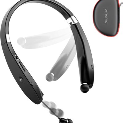 AMORNO Foldable Bluetooth Headphones Wireless Neckband Headset with Retractable Earbuds, Sports Sweatproof Noise Cancelling Stereo Earphones with Mic