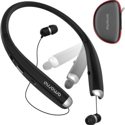 AMORNO Foldable Bluetooth Headphones, Wireless Neckband Sports Headset with Retractable Earbuds, Sweatproof Noise Cancelling Stereo Earphones with Mic (Black)