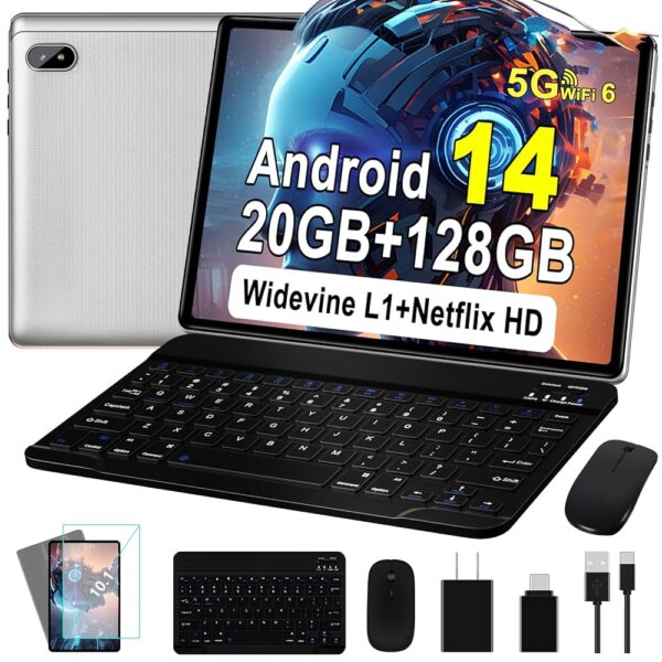 Android 14 Tablet, 128GB+20GB/1TB Expandable, 10.1 Inch Tablets with WiFi 6, Octa-Core, Bluetooth 5.0, Dual 5MP+8MP Camera, 2024 Newest Tablet with Keyboard Mouse - Sliver