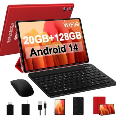 Android 14 Tablet Newest 10.1 inch Tablets,20GB RAM 128GB ROM 1TB Expand,Octa-Core Processor,Dual Camera,WiFi 6,GPS,Bluetooth 5.0,6000mAh Long Battery Life with Keyboard/Mouse-Red