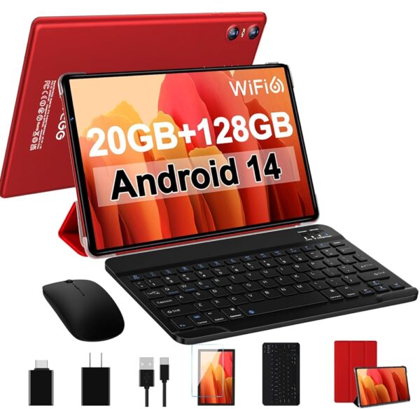 Android 14 Tablet Newest 10.1 inch Tablets,20GB RAM 128GB ROM 1TB Expand,Octa-Core Processor,Dual Camera,WiFi 6,GPS,Bluetooth 5.0,6000mAh Long Battery Life with Keyboard/Mouse-Red